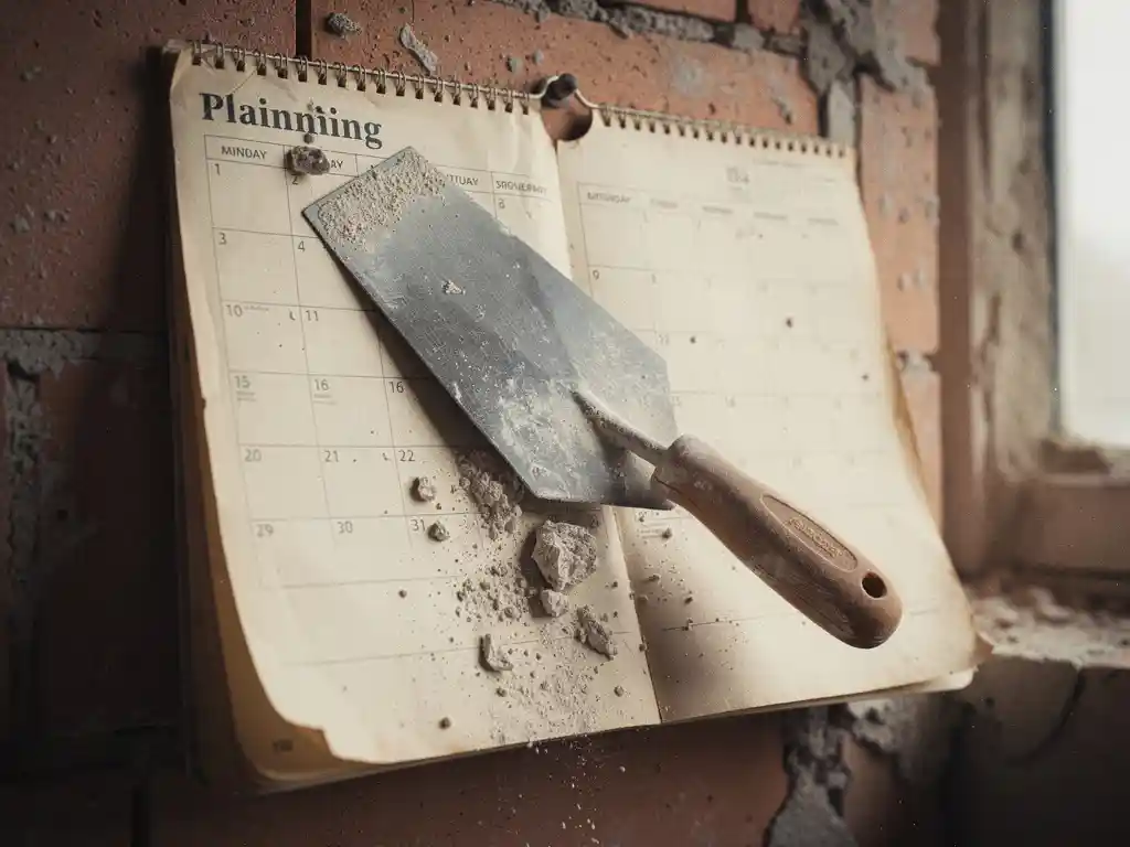 Versleten papieren planningskalender op bouwplaatsmuur met diagonaal geplaatste pleisterspatel en gedroogde stuckorrels.