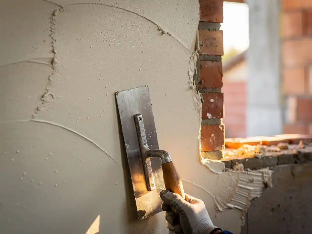 Verse pleisterlaag op nieuw gemetselde binnenmuur, met spaan en troffel tegen het oppervlak en natuurlijk licht door raamopening.
