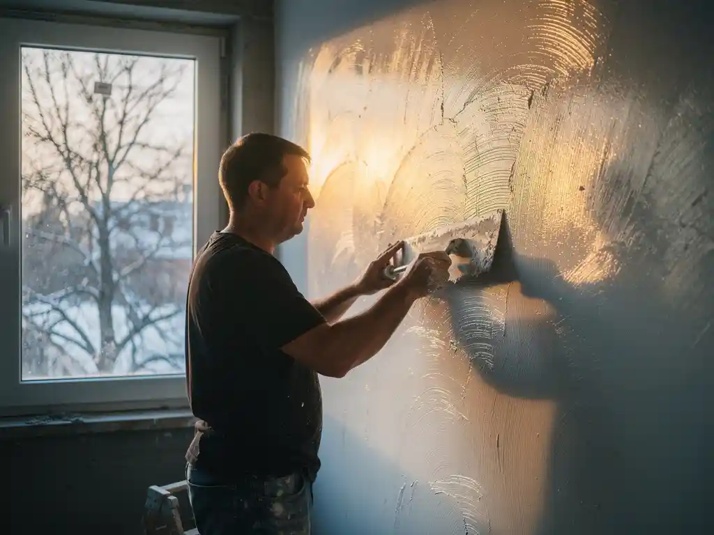 Stukadoor die witte stucco aanbrengt op een buitenmuur, kale winterboom zichtbaar door raam in warm gouden licht.