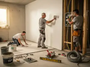 Stukadoor brengt wit stucwerk aan op binnenmuur terwijl tegelzetter en elektricien in dezelfde onafgewerkte ruimte werken.