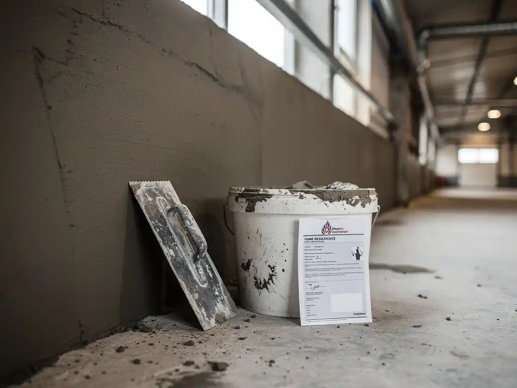 Metselspaan tegen vers gestucte commerciële muur, met brandweerstandscertificaat naast emmer stucco op betonvloer.