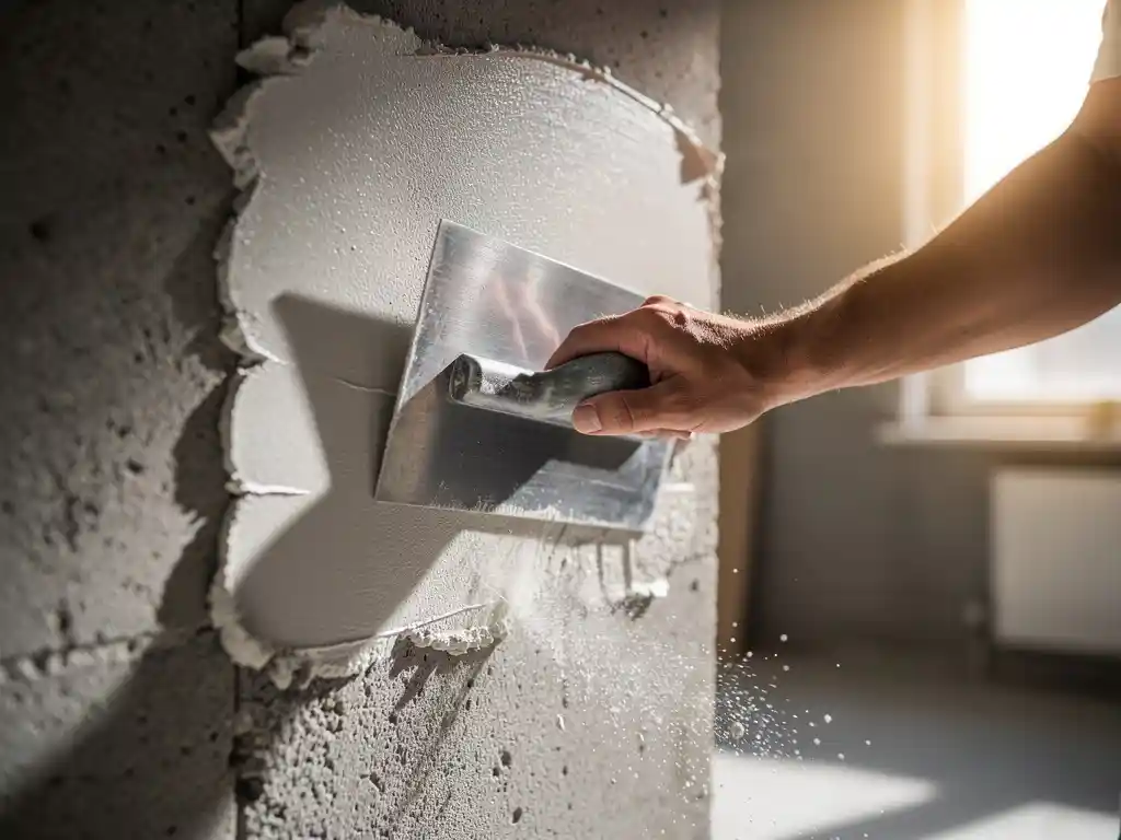 Stalen pleisterspaan die een ruwe betonnen muur gladstrijkt, met fijn wit stofneerslag op de vloer en zachte zijdelingse belichting.