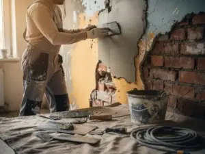 Vakman die basislaag stucwerk aanbrengt op gedeeltelijk gestripte muur, met zichtbare bakstenen en gereedschap op stofzeilen.