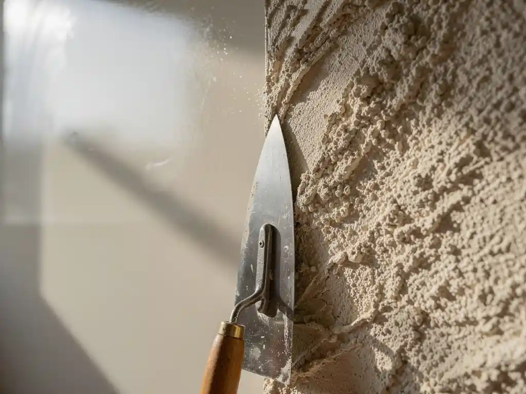 Metselspaan tegen een muur met gladde gepolijste pleister en ruwe textuurpleister naast elkaar, warme crème- en beige tinten.