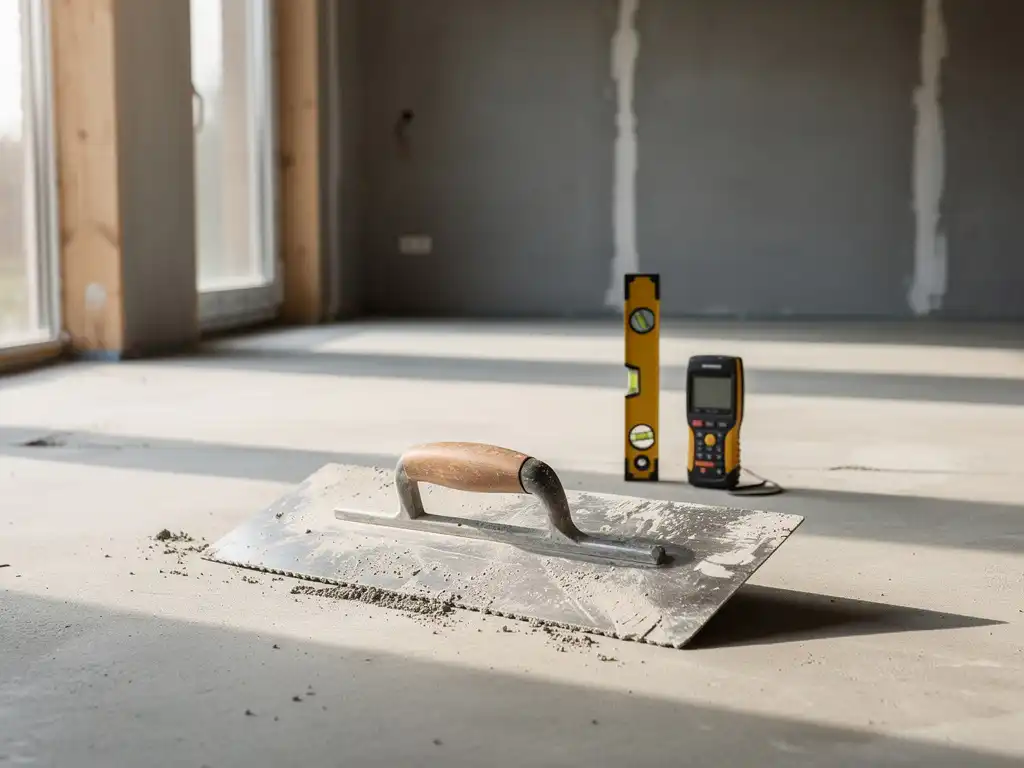 Stukadoorshulpmiddelen op betonvloer in aanbouw: hawk, troffel, waterpas en vochtmeter bij gladde grijze wanden.