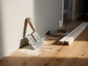Pleistertroffel en hawk op vers gepleisterde witte muur, gipspoeder op houten vloer, opgerolde kabel en deurkozijn op de achtergrond.