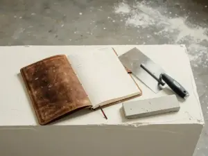 Versleten leren notitieboek met specificatieblad op gladgepleisterde witte muur, naast stalen spatel en pleisterstaal.