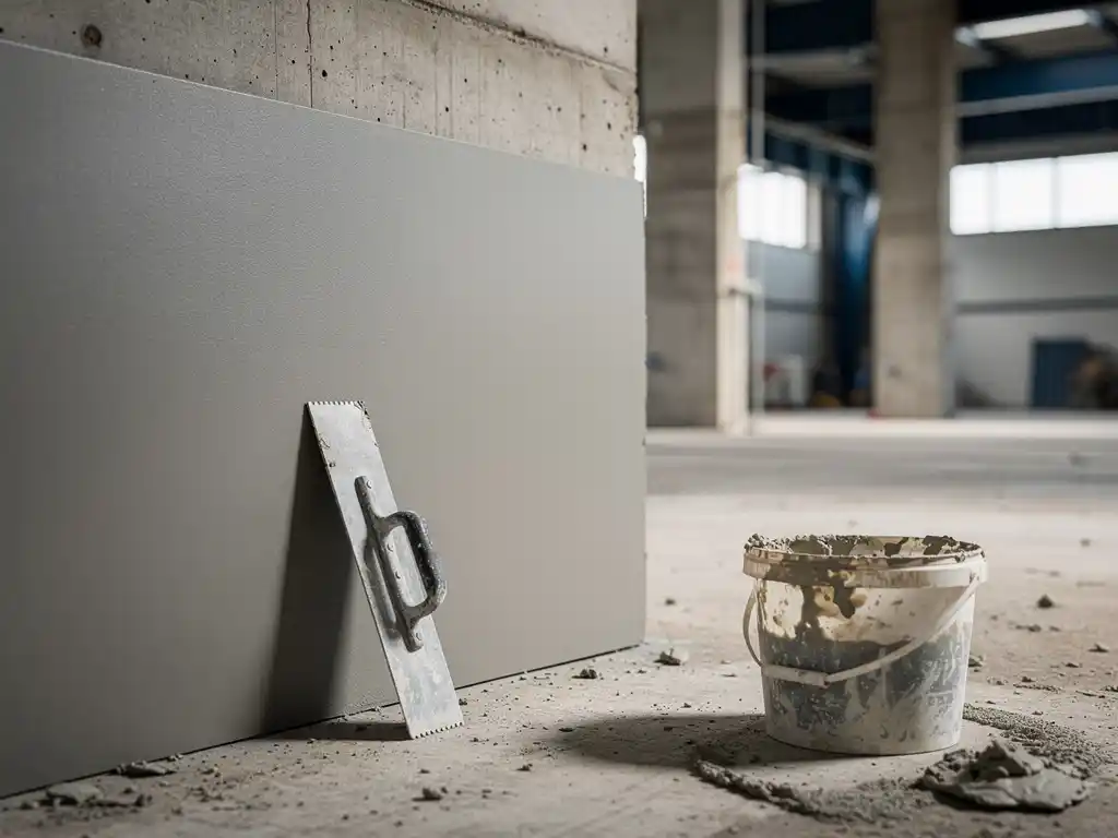 Metselspaan tegen glad gepleisterde betonwand in industrieel gebouw, met emmer pleistermix op de vloer.