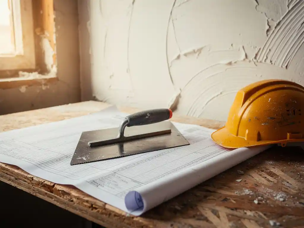 Metselspaan en hawk op bouwplanning aan stoftig werktafel, verse witte pleisterstructuur op wandpaneel, gele bouwhelm als presse-papier.