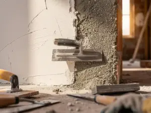 Metselspaan tussen gladde gipspleister en ruwe cementbepleistering op een bouwplaats, met houten vlotter en gereedschap op de achtergrond.
