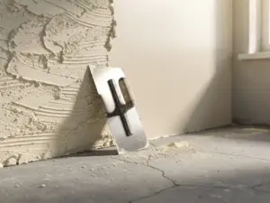 Pleisterspaan tegen muur met ruw klasse-1 en glad klasse-2 pleisterwerk, fijn stof op betonvloer, zijlicht vanuit raam.