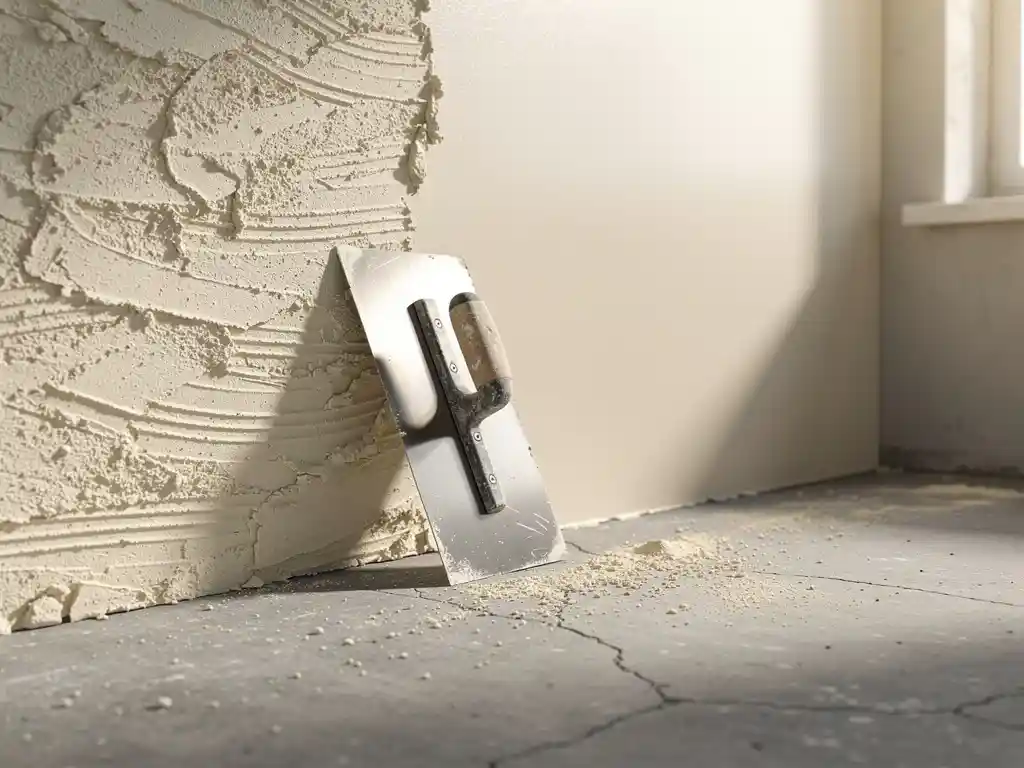 Pleisterspaan tegen muur met ruw klasse-1 en glad klasse-2 pleisterwerk, fijn stof op betonvloer, zijlicht vanuit raam.