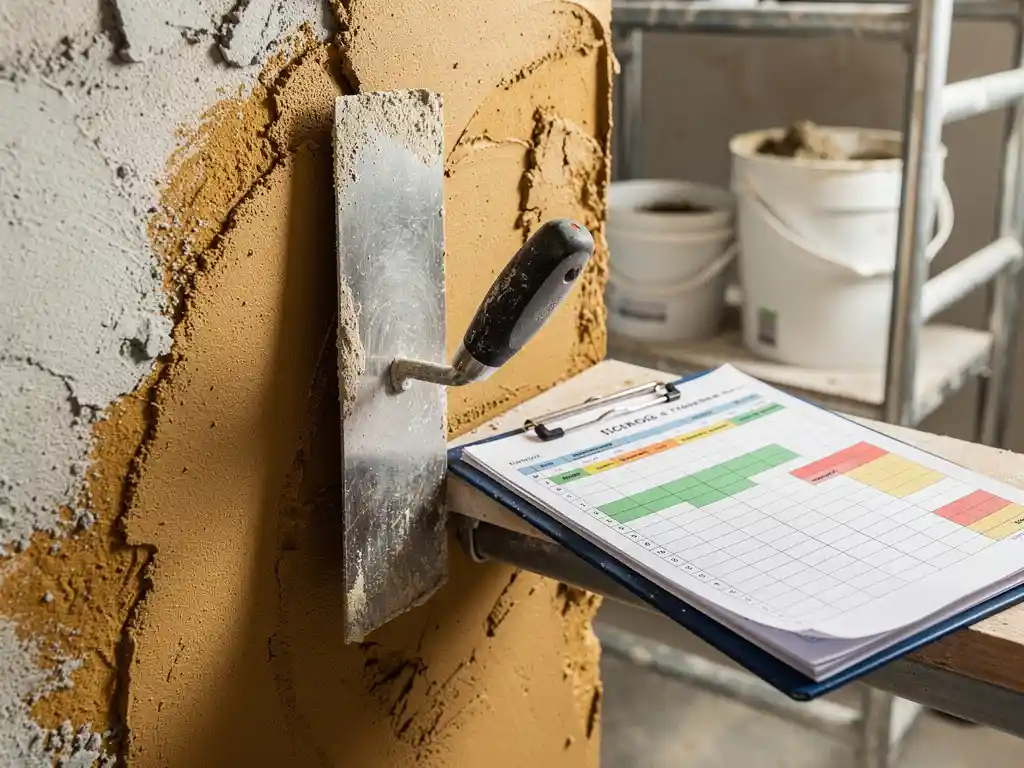 Metselspatel op gedeeltelijk gladgestreken muurpleister naast opengeslagen planningsklembord met projecttijdlijnen, emmers en steigers op achtergrond.