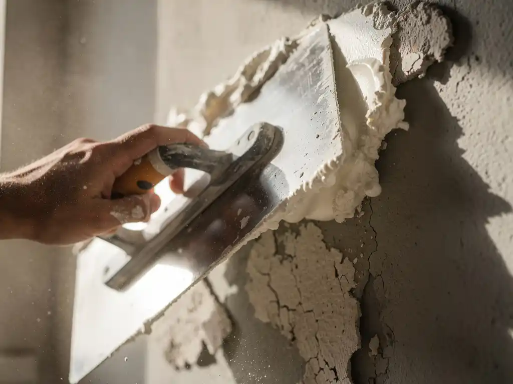 Metselaarstroffel die verse witte stucco aanbrengt op een bestaande muur, met afbladderende oude pleister zichtbaar aan de randen.