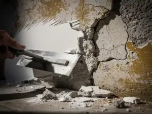 Pleistertroffel schraapt verse witte stuclaag weg, onthult gebarsten oud pleisterwerk op betonnen muur met afbrokkelende fragmenten op de vloer.