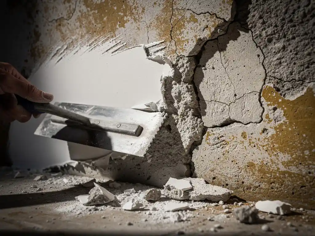 Pleistertroffel schraapt verse witte stuclaag weg, onthult gebarsten oud pleisterwerk op betonnen muur met afbrokkelende fragmenten op de vloer.