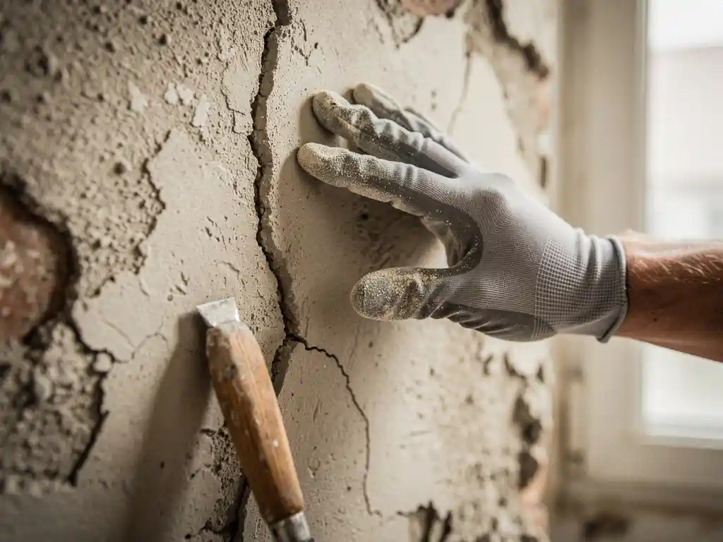 Gehandschoende hand die een haarscheurtje in verweerde stucmuur onderzoekt, met afbladderende pleister en houten inspectietool op de achtergrond.