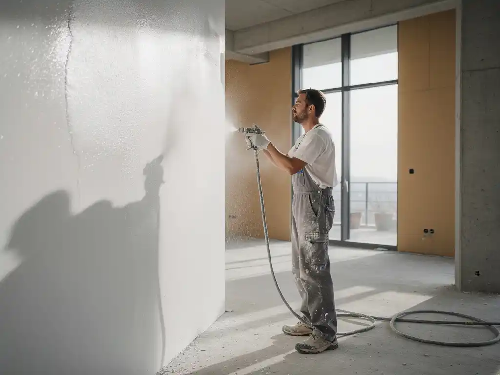 Vakman die witte spuitpleister aanbrengt op een binnenlandse muur, fijne nevel zichtbaar in natuurlijk zijlicht.