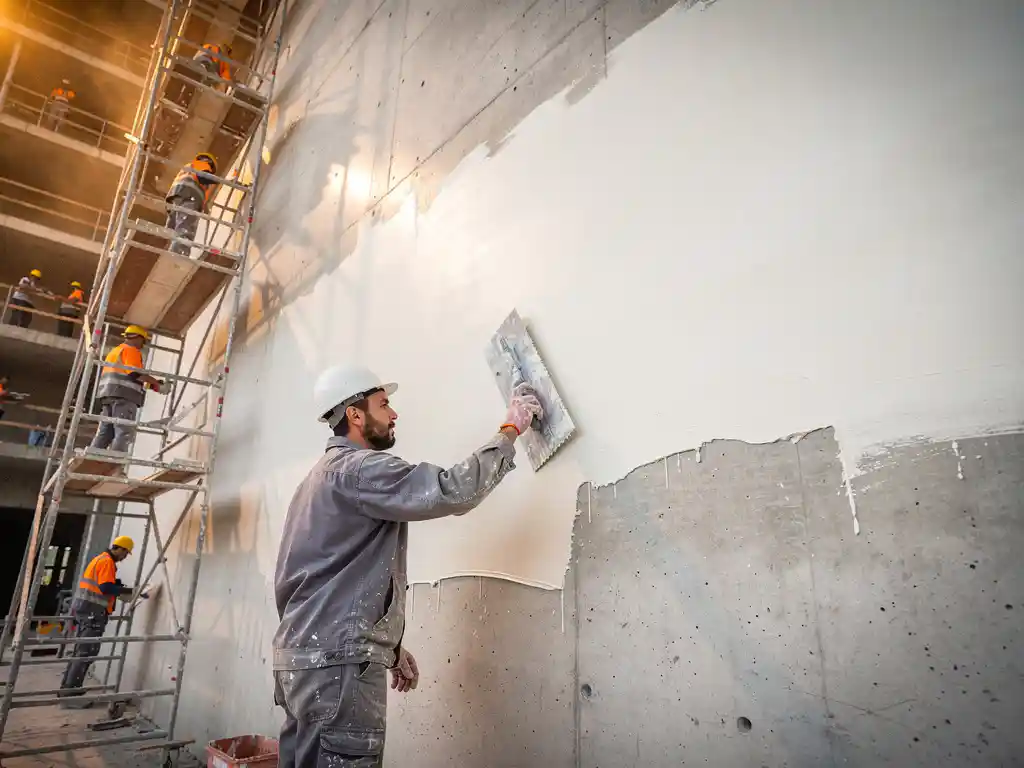 Stukadoor brengt glad wit stucwerk aan op kale betonnen muur in nieuwbouwappartement, collega's op steigers op de achtergrond.