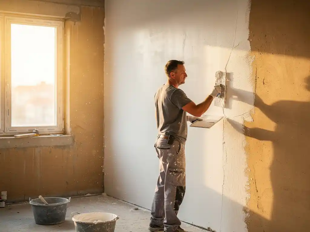 Stukadoor brengt wit stucwerk aan op een nieuw binnenmuur met een troffel, warm middaglicht door open raamkozijnen.