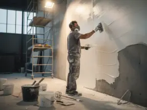 Stukadoor die witte stucco aanbrengt op betonnen muur bij grootschalige renovatie, steigers en gereedschap op de achtergrond.