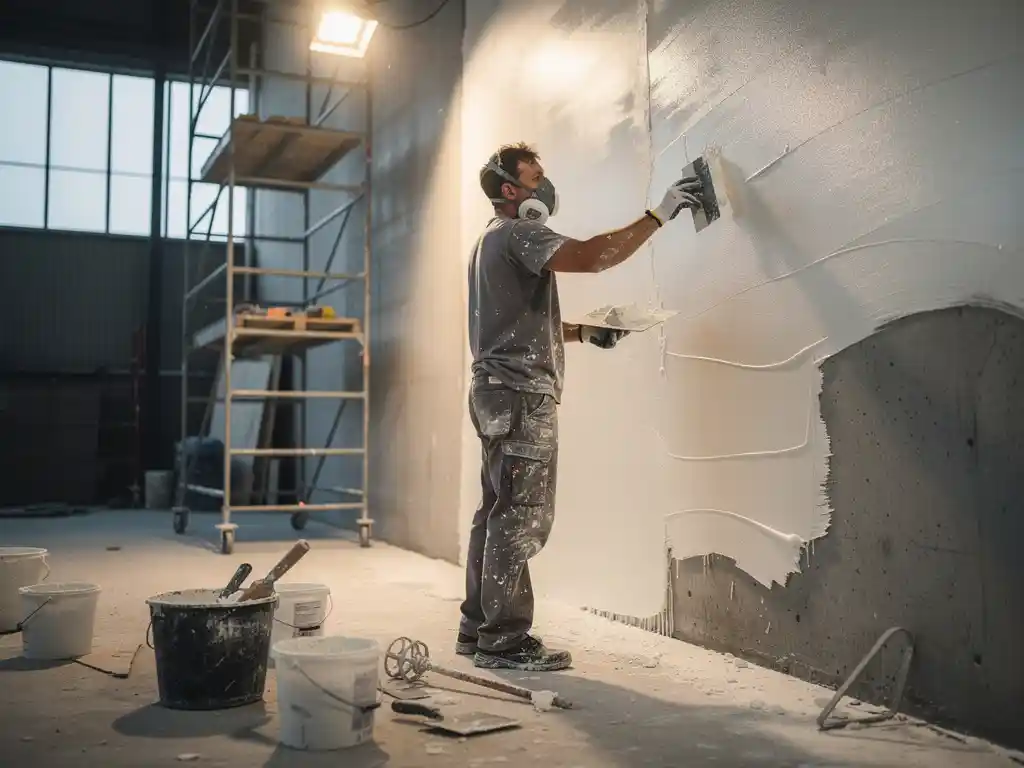 Stukadoor die witte stucco aanbrengt op betonnen muur bij grootschalige renovatie, steigers en gereedschap op de achtergrond.