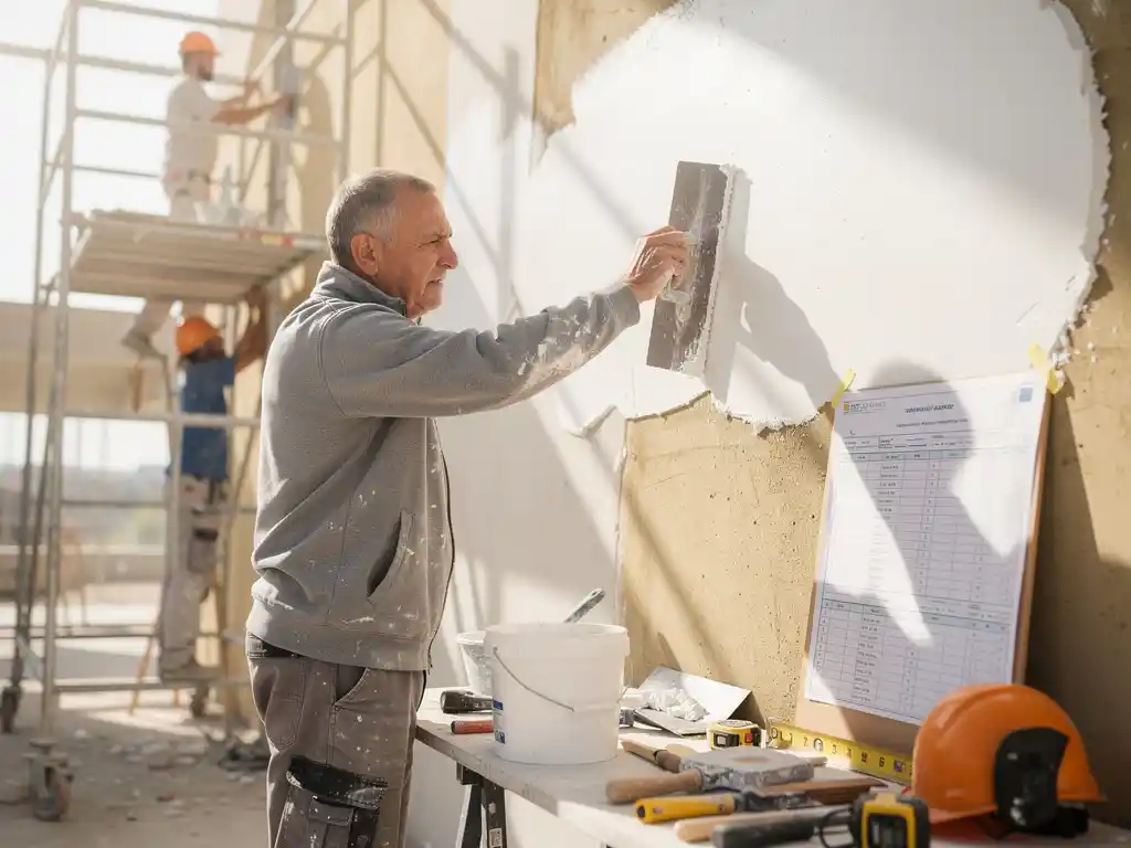 Stukadoor brengt witte stucco aan op groot wandpaneel, met steiger en collega's op de achtergrond in een lichte bouwruimte.