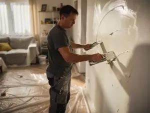 Stukadoor die witte stucco aanbrengt op een binnenmuur, met afgedekte meubels en beschermfolie op de vloer op de achtergrond.