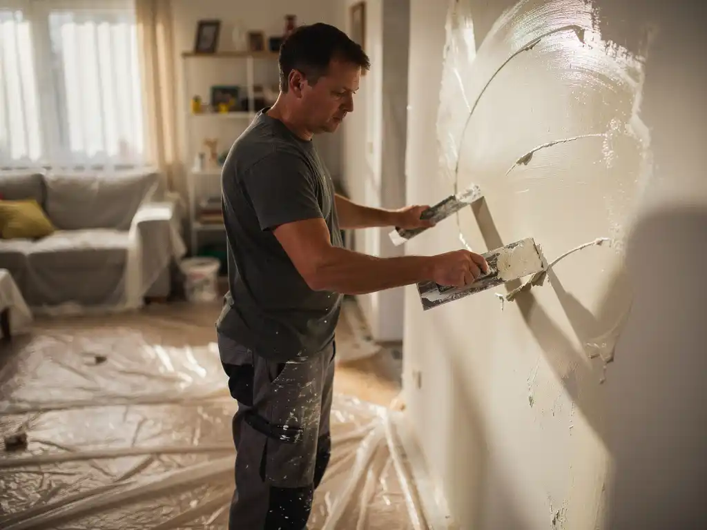 Stukadoor die witte stucco aanbrengt op een binnenmuur, met afgedekte meubels en beschermfolie op de vloer op de achtergrond.