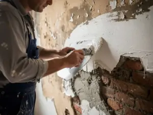 Vakman die witte stucco aanbrengt op een vochtbeschadigde muur met loszittend oud pleisterwerk en zichtbare baksteenplekken.