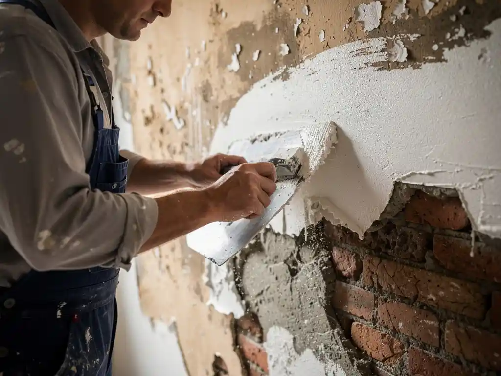 Vakman die witte stucco aanbrengt op een vochtbeschadigde muur met loszittend oud pleisterwerk en zichtbare baksteenplekken.