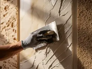 Gehandschoende hand die decoratief stucwerk gladstrijkt, met staalkaarten van travertijn-, Venetiaanse en zandtexturen op de achtergrond.
