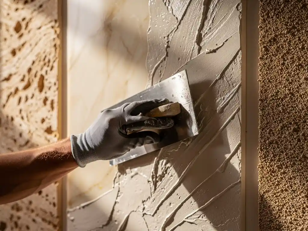Gehandschoende hand die decoratief stucwerk gladstrijkt, met staalkaarten van travertijn-, Venetiaanse en zandtexturen op de achtergrond.