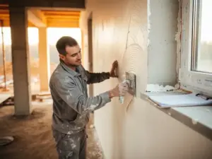 Vakman die verse witte stucco aanbrengt op een nieuw gebouwde binnenmuur, met zichtbaar betonnen skelet en houten bekisting op de achtergrond.