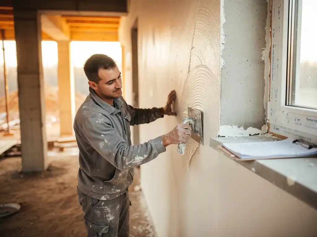Vakman die verse witte stucco aanbrengt op een nieuw gebouwde binnenmuur, met zichtbaar betonnen skelet en houten bekisting op de achtergrond.