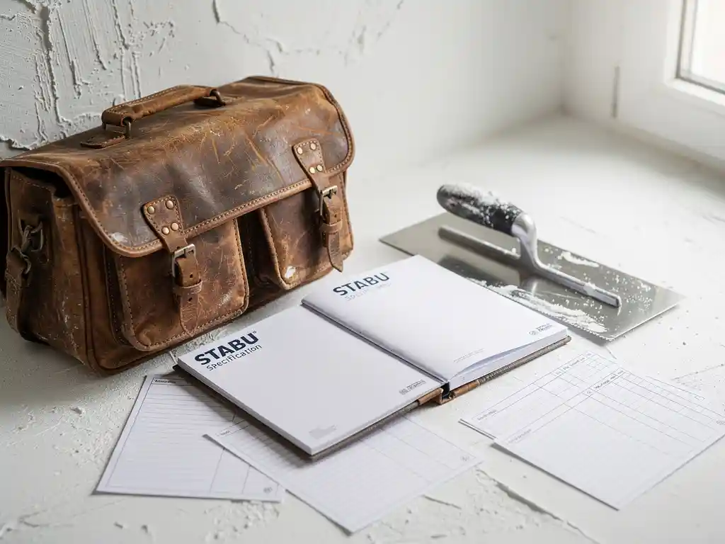 Versleten leren tas van een stukadoor op vers gepleisterde muur, met STABU-bestek, roestvrijstalen spatel en technische meetnotities.