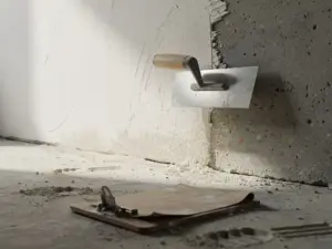 Metselspatel op gedeeltelijk gepleisterde muur, glad wit stucwerk naast ruw beton, klembord met planning op stoffige vloer.