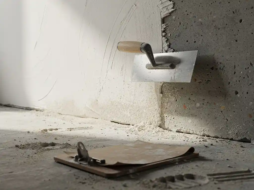 Metselspatel op gedeeltelijk gepleisterde muur, glad wit stucwerk naast ruw beton, klembord met planning op stoffige vloer.