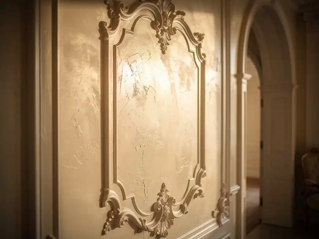 Sierlijk stucwerk paneel met Venetiaanse pleister in crème- en ivoortinten, verlicht door zijdelings invallend licht in een statig interieur.