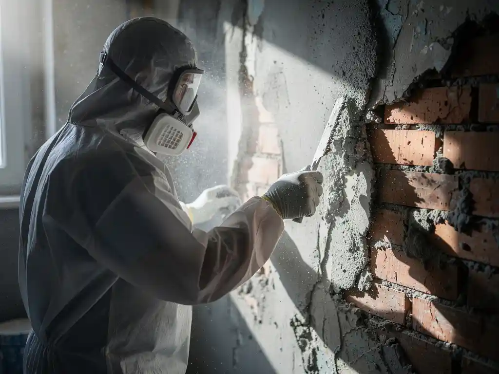 Stukadoor in wit beschermend pak en stofmasker verwijdert afbrokkelend stucwerk van verweerde binnenmuur met zichtbaar metselwerk.