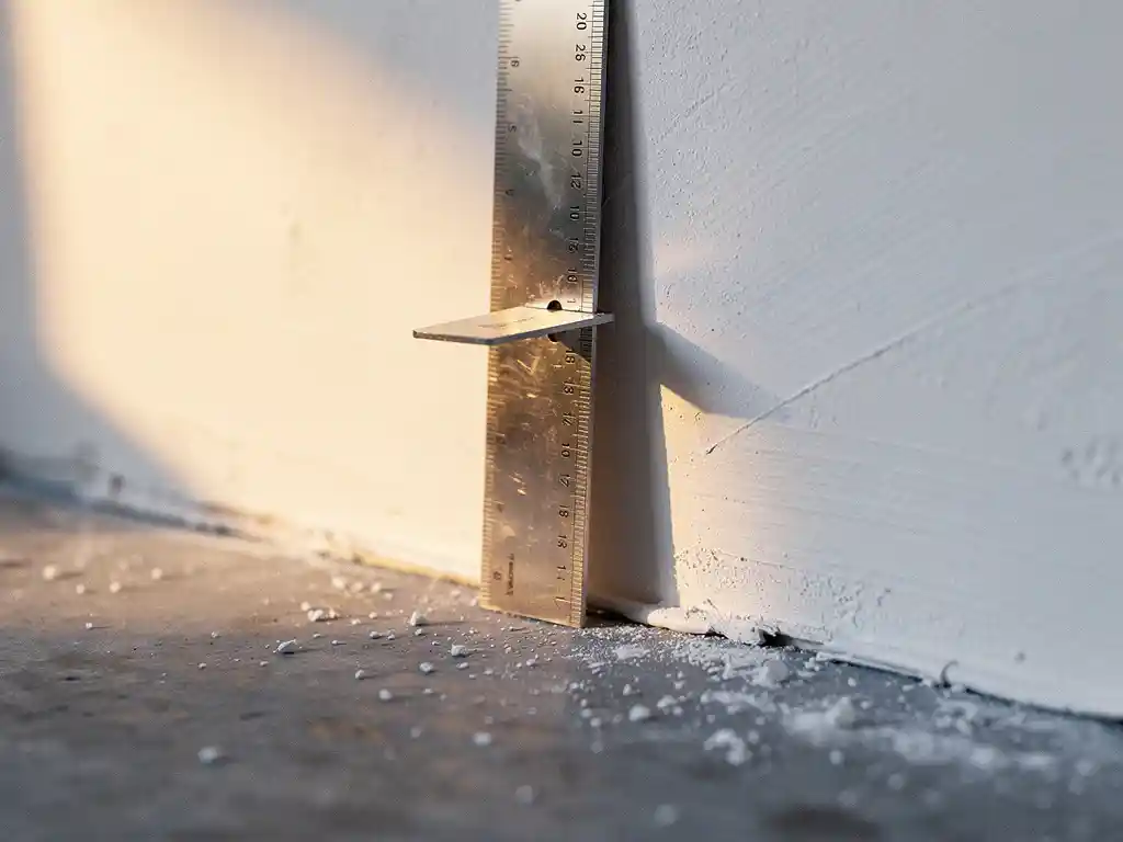 Metaalrechtheid van een stukadoor tegen een vers gestuukte witte muur, met een voelermaat die de vlakheid meet.