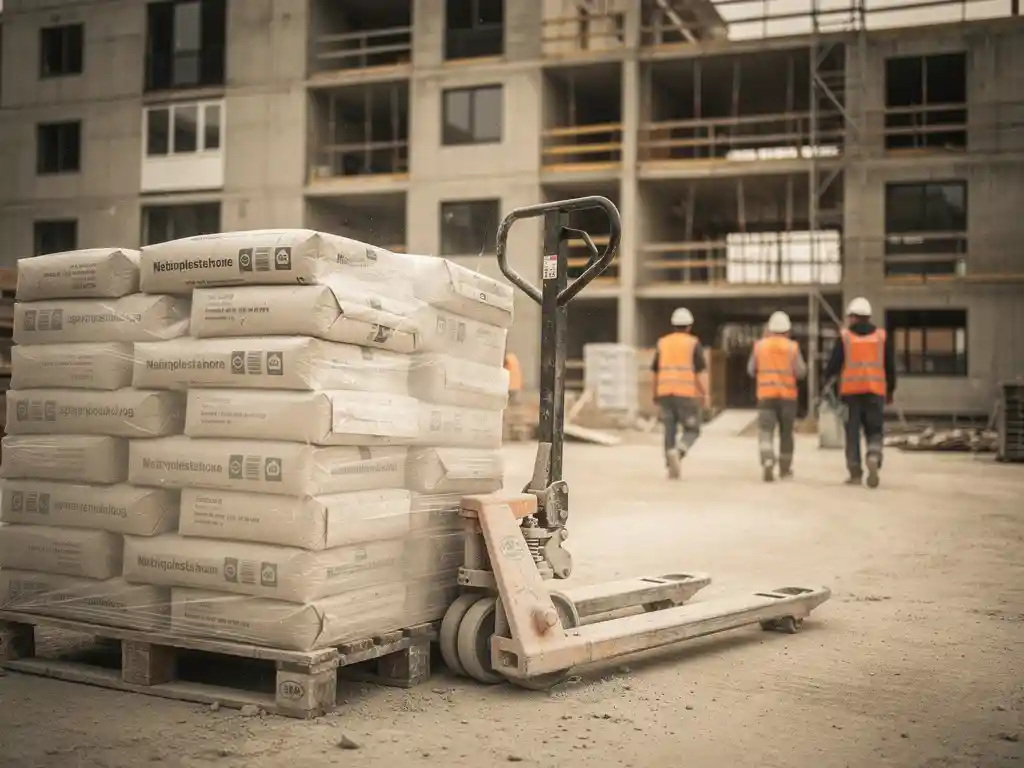 Stukadoor coördineert materiaallevering op nieuwbouwlocatie, met gestapelde gipszakken en palletwagen op de voorgrond en onafgewerkt appartementenblok.