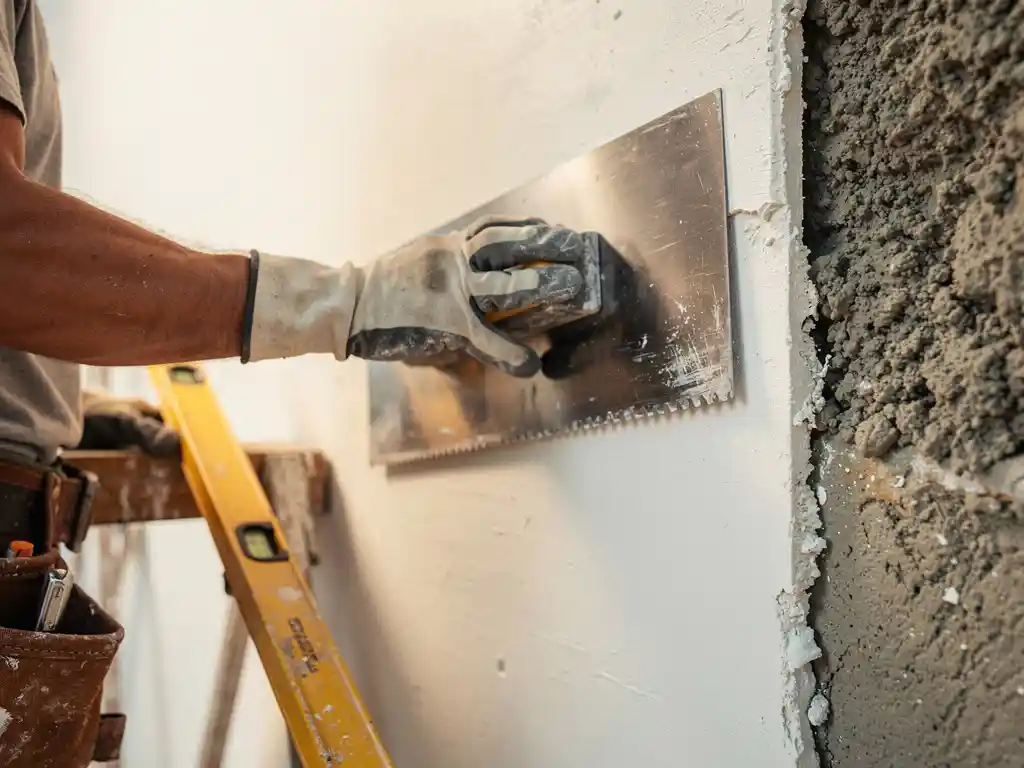 Gehandschoende hand die met een stalen spatel verse witte pleisterlaag aanbrengt op muur, ruw onafgewerkt oppervlak zichtbaar ernaast.