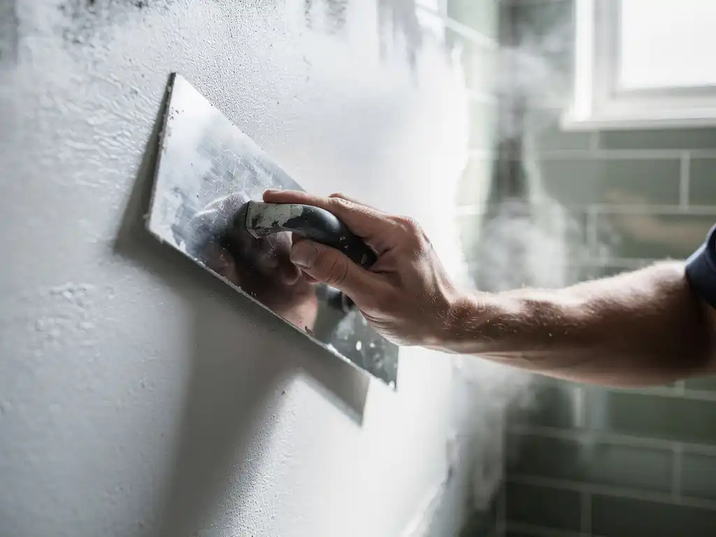 Vakman die glad wit waterdicht stucwerk aanbrengt op een natte badkamermuur met een troffel, keramische tegels op de achtergrond.