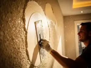 Vakman die akoestisch stucwerk aanbrengt op hoge binnenmuur, warme crèmetinten en zijdelings goudlicht onthullen reliëftextuur.