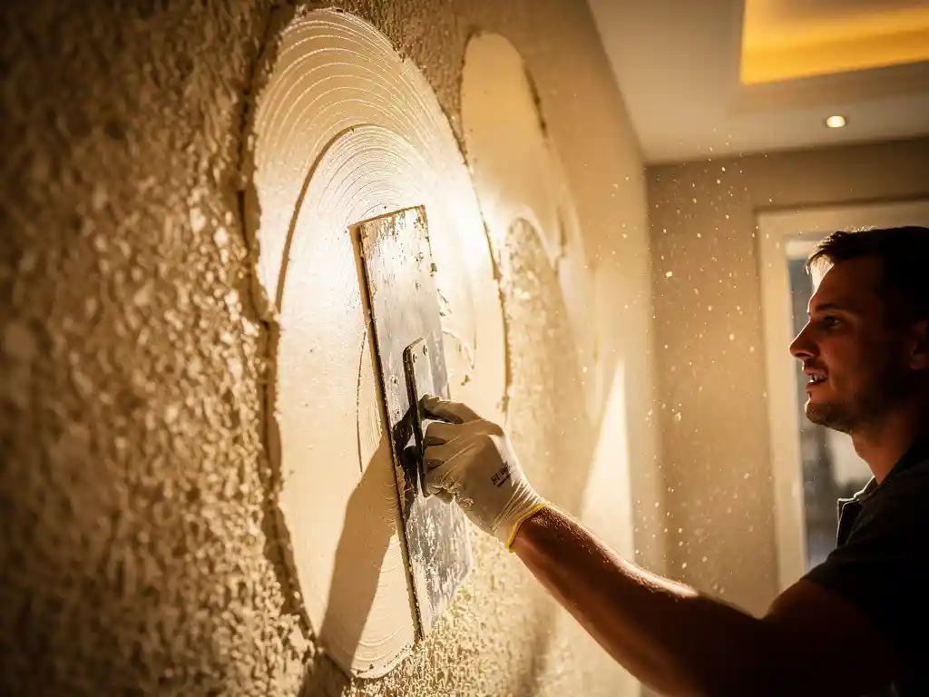 Vakman die akoestisch stucwerk aanbrengt op hoge binnenmuur, warme crèmetinten en zijdelings goudlicht onthullen reliëftextuur.