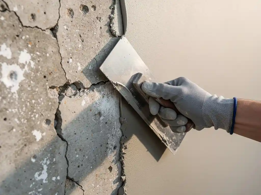 Gehandschoende hand die reparatiemortel aanbrengt op een verweerde betonnen muur met troffel, half ruw gebarsten, half glad hersteld.