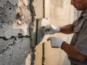 Vakman die reparatiemortel op beschadigde betonwand aanbrengt met stalen spatel, zichtbare scheuren en gladgemaakt oppervlak naast verweerd beton.