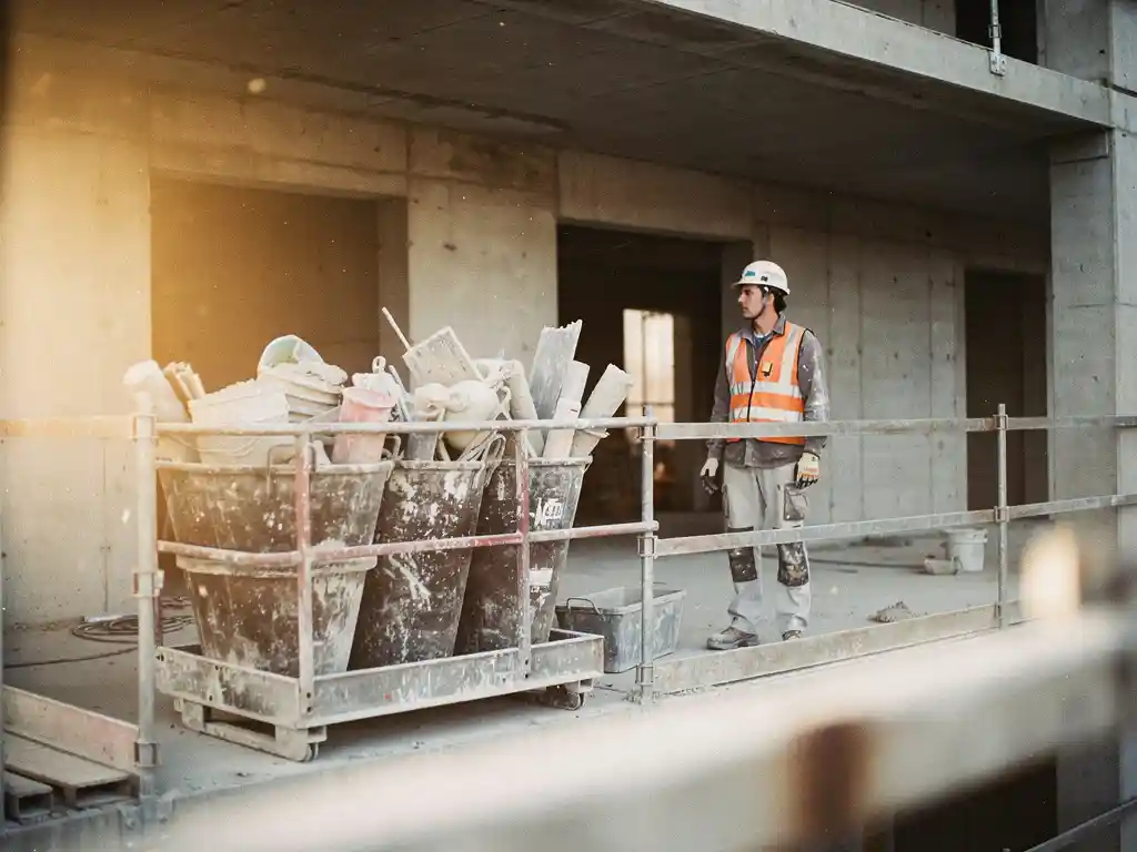 Bouwlift met pleisterbakken en stucgereedschap op betonnen appartementencomplex in aanbouw, stucadoor wacht op steiger in ochtendlicht.