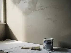 Gladgepleisterde binnenmuur met verfkwast en gesloten verfblik op doek, zacht daglicht werpt schaduwen op het droogend pleisterwerk.